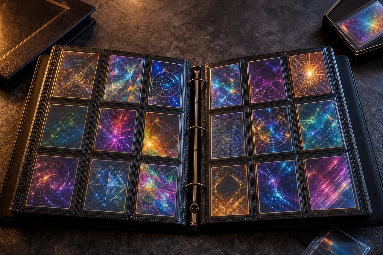 Dexology TCG — álbum aberto com cartas holográficas em superfície slate